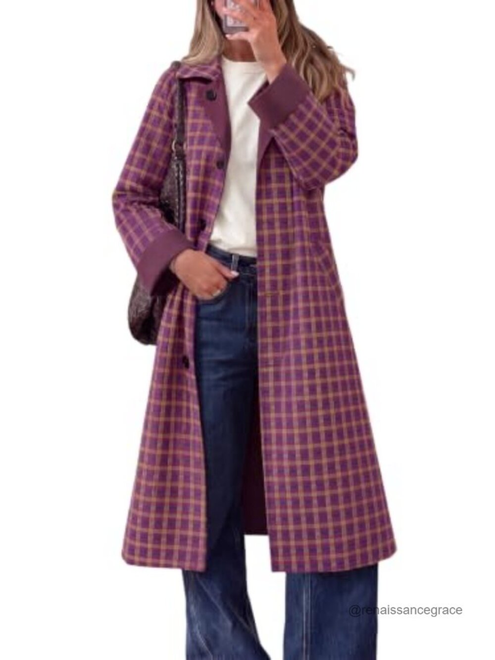 Plaid Reversible Long Trench Coat Windproof Overcoat